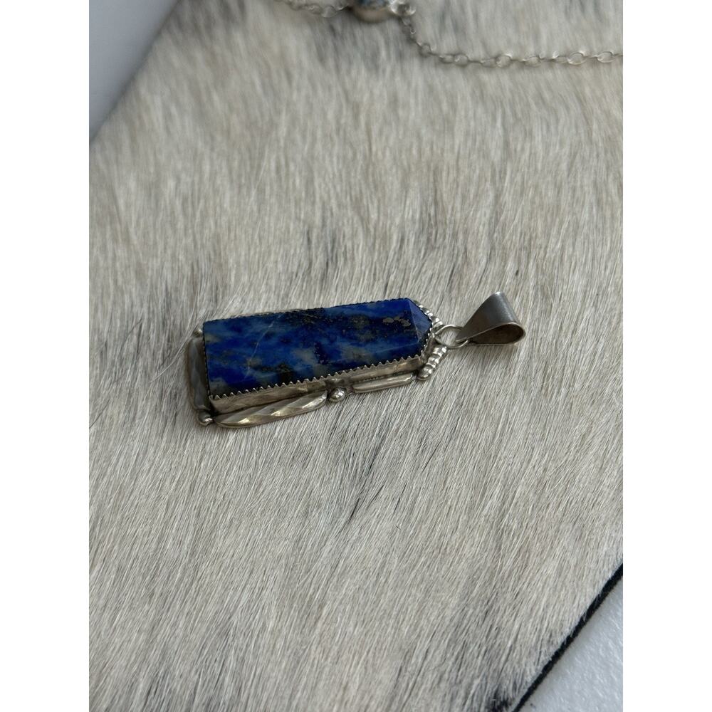 Zuni New Mexico Sterling Silver K. C. Signed Huge Lapis Lazuli Long Pendant - Picture 4 of 12